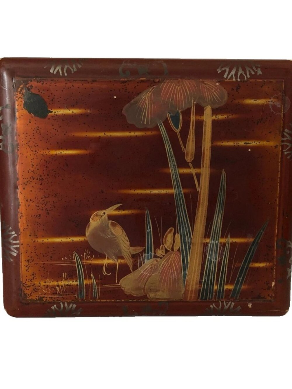 Old Japanese Hand Painted Bird on Pond w Plants Lacquer on Wood Box